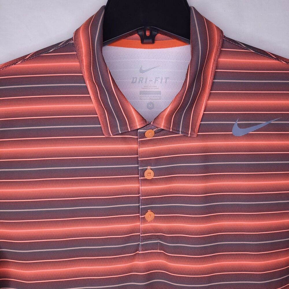 Nike Polo Shirt Mens Medium Striped Red Neon Dri Fit